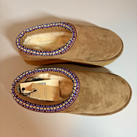 Madden NYC Women’s Cognac Faux Suede Platform Mules Fur Lined Size 10 - Picture 15 of 15